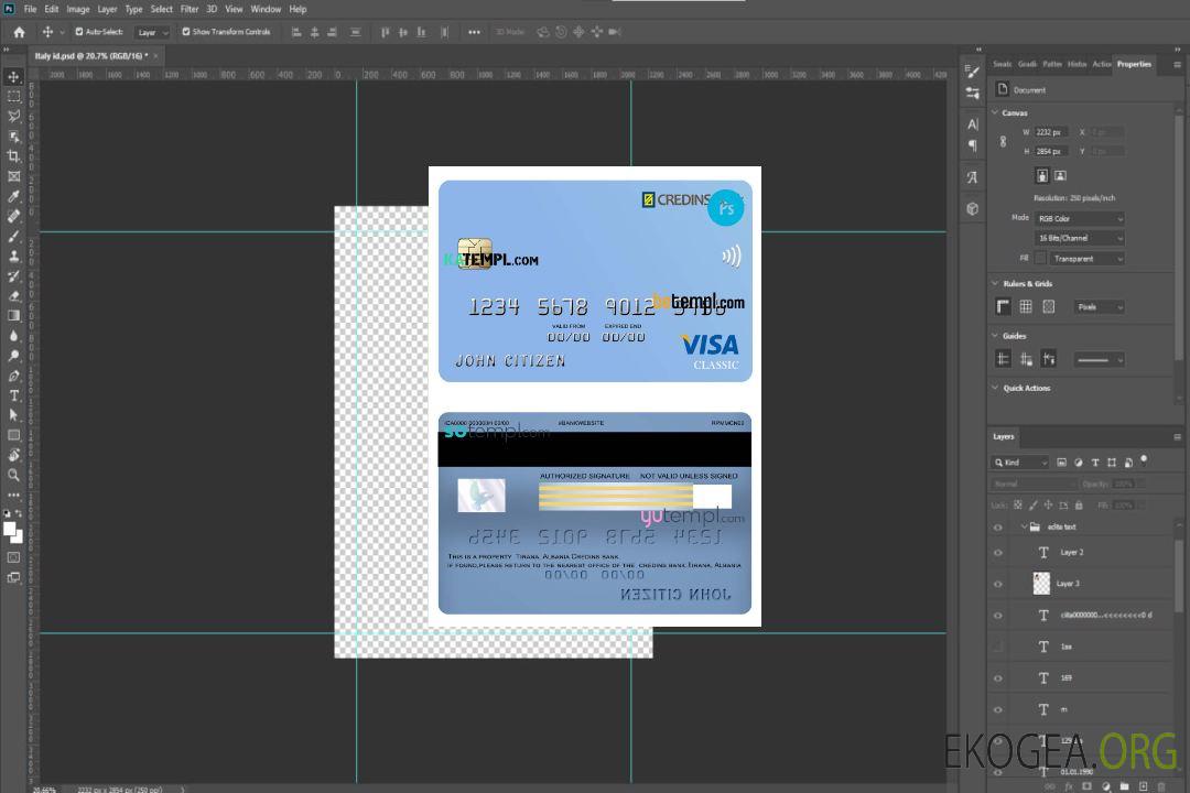 Modèle de carte de débit visa bancaire Albanie Credins au format PSD, entièrement modifiable template Modèle de carte de débit visa bancaire Albanie Credins au format PSD, entièrement modifiable template